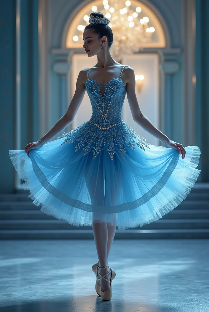 Ballerina doing ballet pose in classic blue studded outfit in beautiful light setting without dark background and with luxurious details