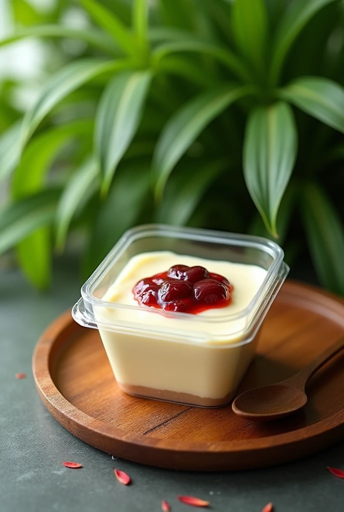 A mousse inside a square plastic pot with a green plant background, the mousse pot will be on top of a wooden tray