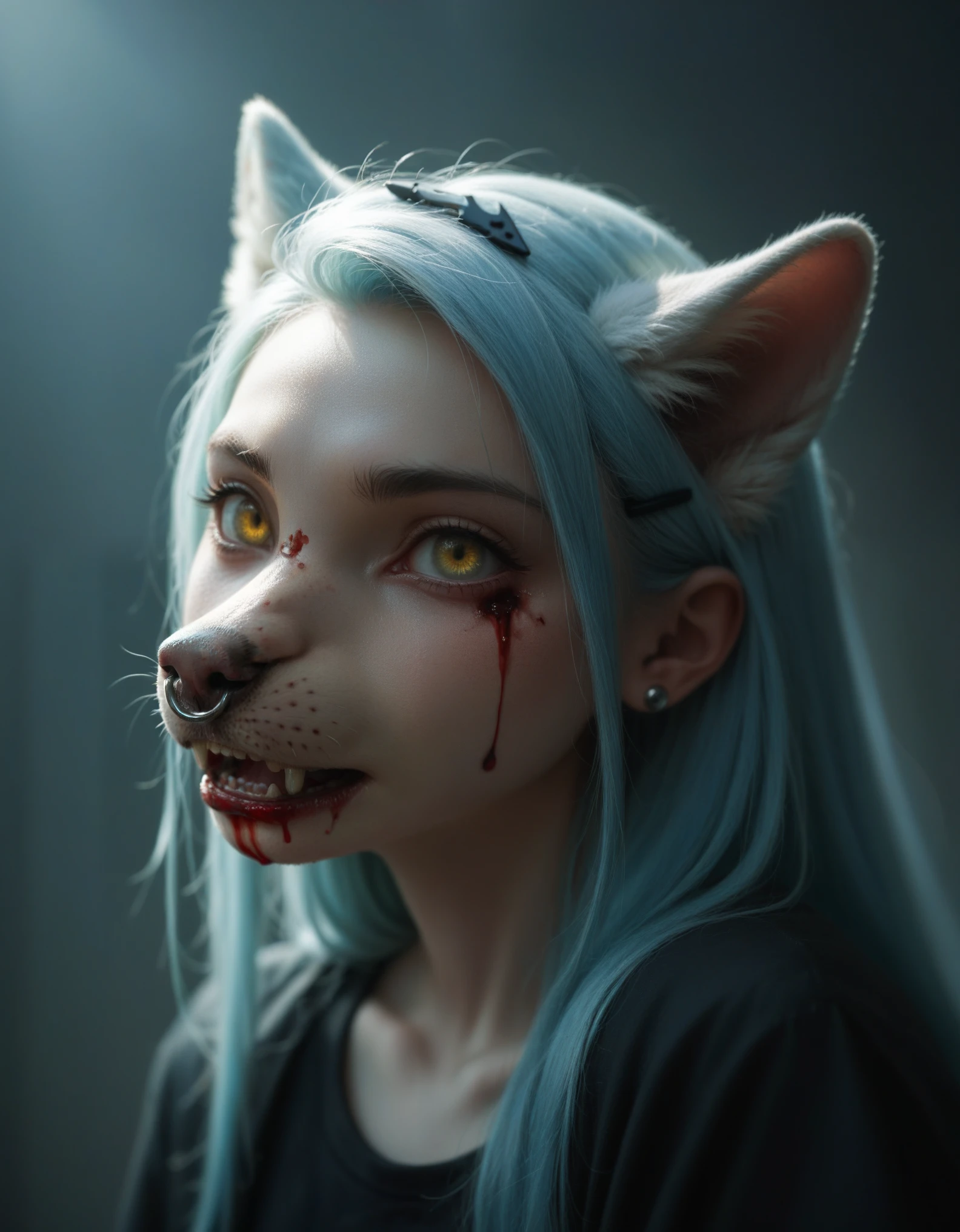 Digital illustration featuring a young woman with pale skin, light green eyes, and long, light blue hair adorned with black hairpins. She has a nose ring and multiple ear piercings, and her face is marked with blood streaks. The background is dark, and she is accompanied by a menacing black wolf with glowing yellow eyes and sharp, exaggerated teeth. The wolf's head is positioned close to her, creating a sense of eerie companionship. The overall style is dark and gothic, with a focus on contrast and dramatic lighting. In the bottom left corner, the text "ArtVision1999" is emblazoned in a bold, blood-red font, adding an extra layer of mystery to the ominous scene.