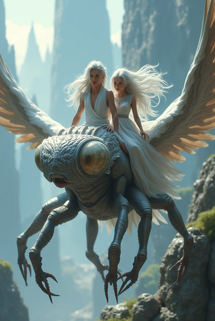 Create two elf siblings male and female with silver hair and the male is riding a griffin and the female is riding a giant praying mantis