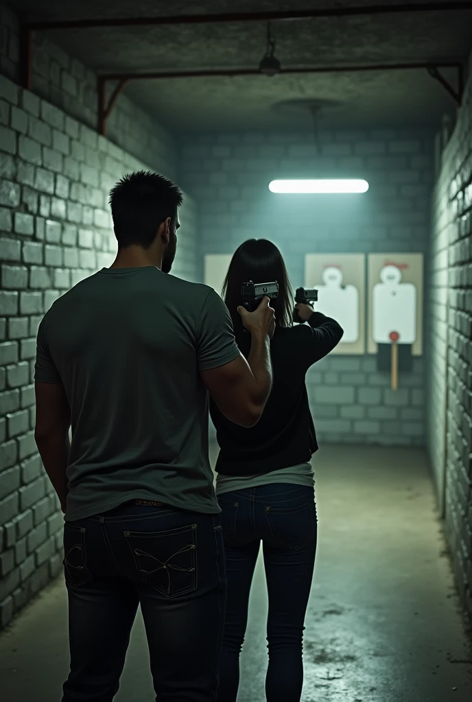 Large, poorly lit shooting range, with gray brick walls, with several distant targets ahead. There are 2 people, a strong man in a gray t-shirt, jeans and a thin woman with long black hair in a black jacket and jeans, both carrying pistols and pointing the weapons at the targets.