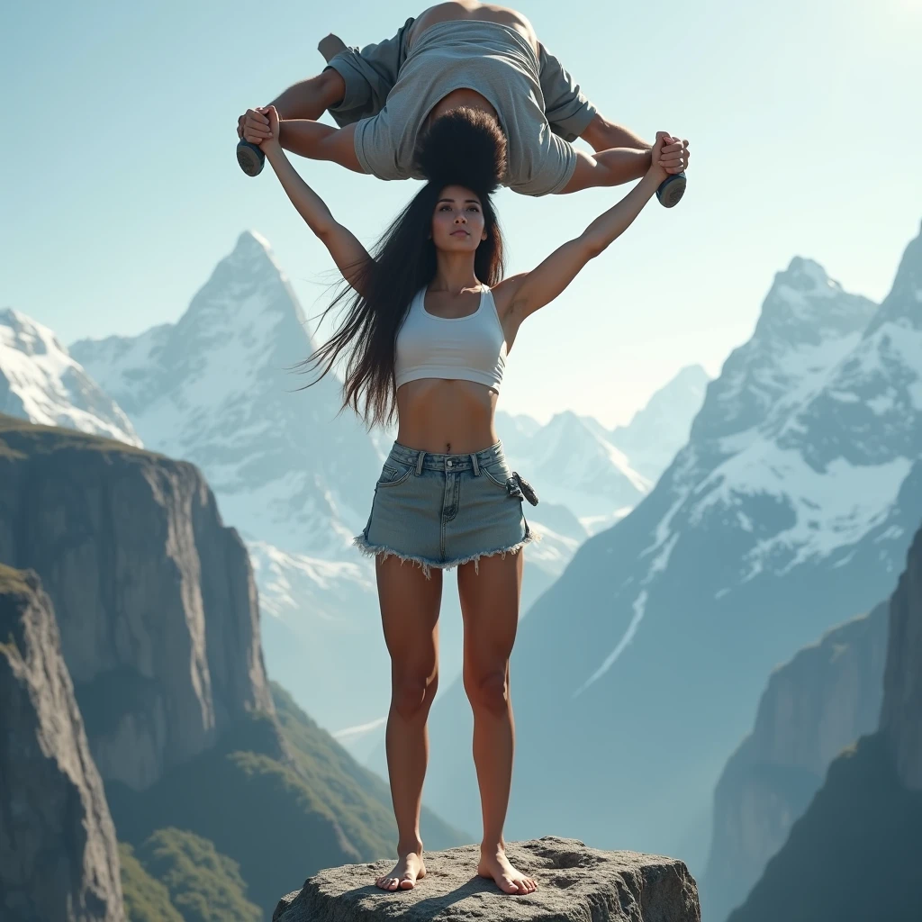 (Girl lifting a large man high above her head with her strong arms). She is standing on a cliff with tall Mountains in the background. , Cute, gorgeous, Caucasian girl, fit, (muscular:1.5), 18, abs, slender, slim, long flowing brown hair, (dressed in skirt and crop top),