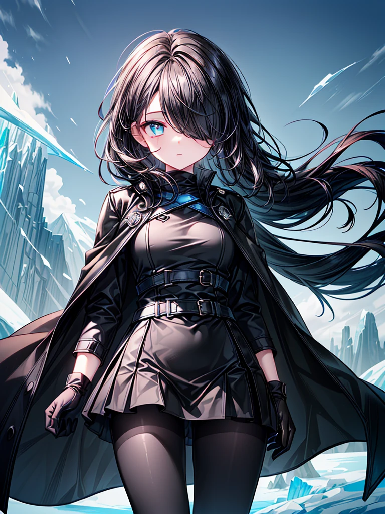 ((Holding a flaming sword)),((Celestial Glacier)),((masterpiece)),((light particles)),((black micro mini length skirt),((alone)),(Serene),((Deep blue pupils)),((sparkling eyes)),(Beautiful Blue Eyes),((Wearing a black coat)),(((Wearing black tights))),(Slim body),((length, Shiny black hair)),((Her left eye is completely hidden by her bangs)),((Her hair is parted, and you can see her eyes through it)),((Wearing black gloves)),((hair over one eye,long hair)),((Hair blowing in the wind)