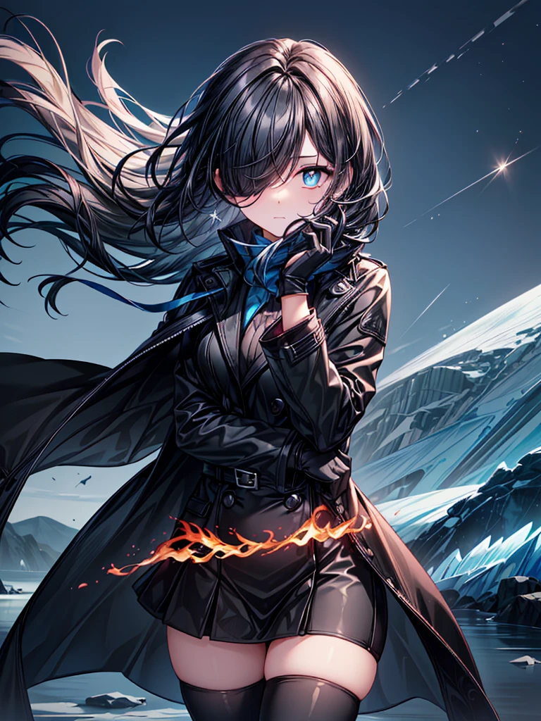 ((Holding a flaming sword)),((Celestial Glacier)),((masterpiece)),((light particles)),((black micro mini length skirt),((alone)),(Serene),((Deep blue pupils)),((sparkling eyes)),(Beautiful Blue Eyes),((Wearing a black coat)),(((Wearing black tights))),(Slim body),((length, Shiny black hair)),((Her left eye is completely hidden by her bangs)),((Her hair is parted, and you can see her eyes through it)),((Wearing black gloves)),((hair over one eye,long hair)),((Hair blowing in the wind)