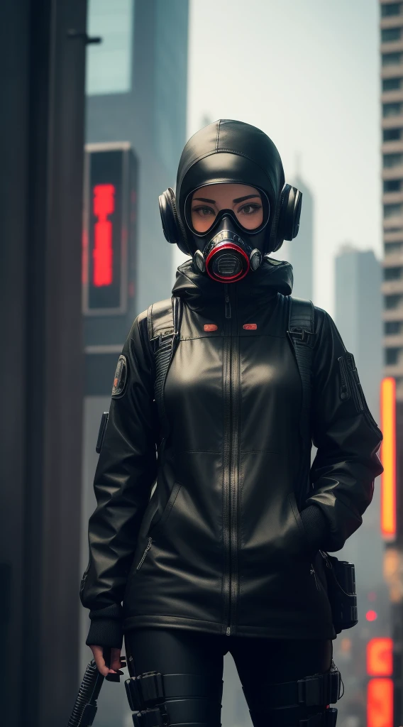 arafed woman wearing a gas mask and goggles in a city, futuristic gas mask, photograph of a techwear woman, hyper-realistic cyberpunk style, cyberpunk techwear, futuristic techwear, has cyberpunk style, she wear gasmask, gas mask, cyberpunk look, cyberpunk style , hyperrealistic, wojtek fus, she wear red eyed gasmask, style of cyberpunk