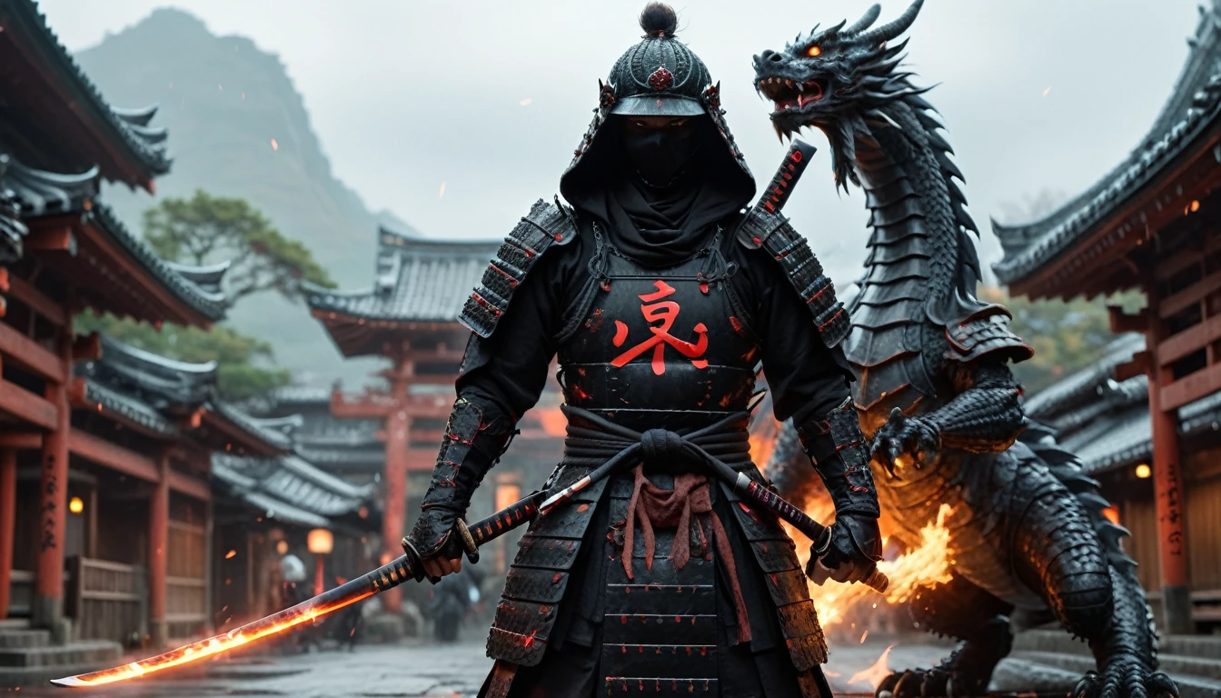 samurai dressed in black with a hood holding a katana standing next to his raging dragon in the middle of an ancient Japanese city, ultra HD, 8k, insane details, 