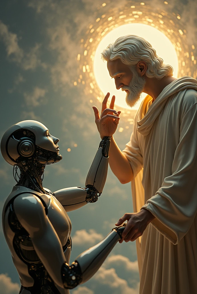 creation of adam painting, android touching gods finger, 8k wallpaper, photograph, android reaching up to god