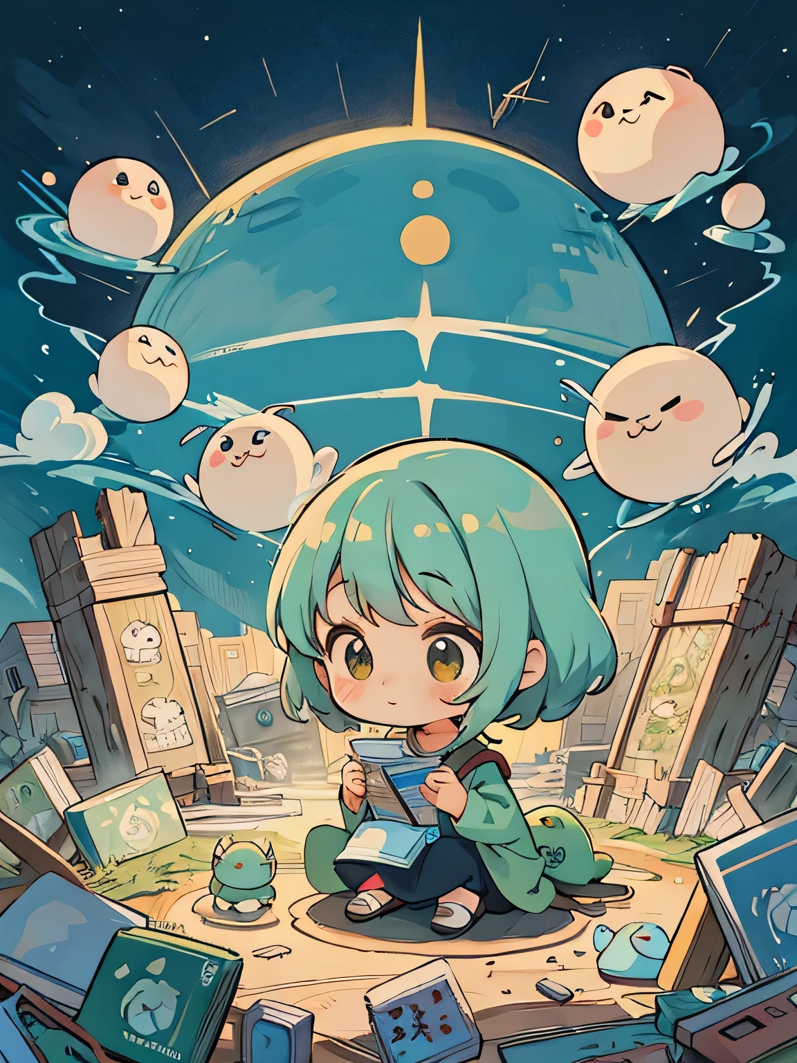 Hayao Miyazaki style, Kawaii Design, most beautiful girl ever、chibi, (((earthquake))), Lots of cute aliens, Saturn in the background