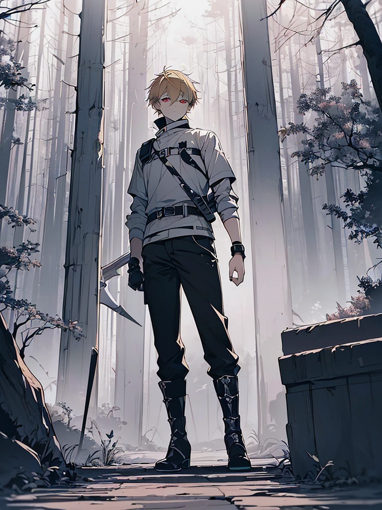 ((highest quallity)),((detailed anime)),((( Young short blond boy, vibrant red eyes, child's appearance. His hair is blonde. He is wearing clothes that are too big for his size and wearing big boots., having a creative weapon that looks like a large skewer. he has fire powers, Creates a supernatural atmosphere of fighting. fantasy art style, Detailed and vivid textures, cool color palette))),((Be careful when browsing)),(((pose sexy))
