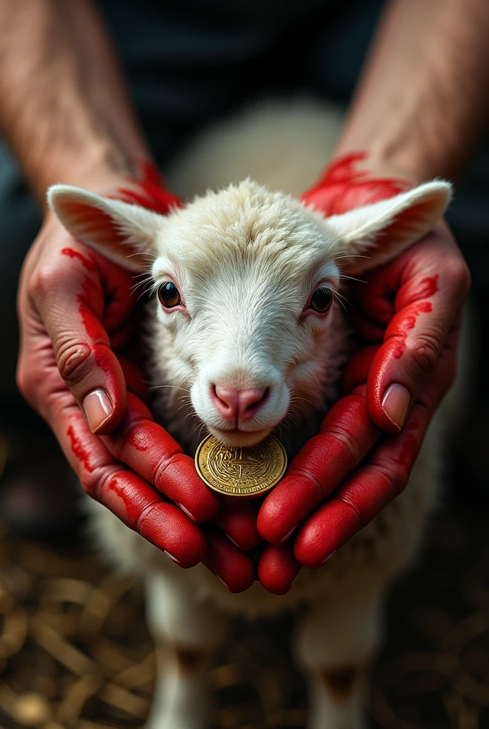 Hands dirty with red paint holding a lamb with a coin in its mouth