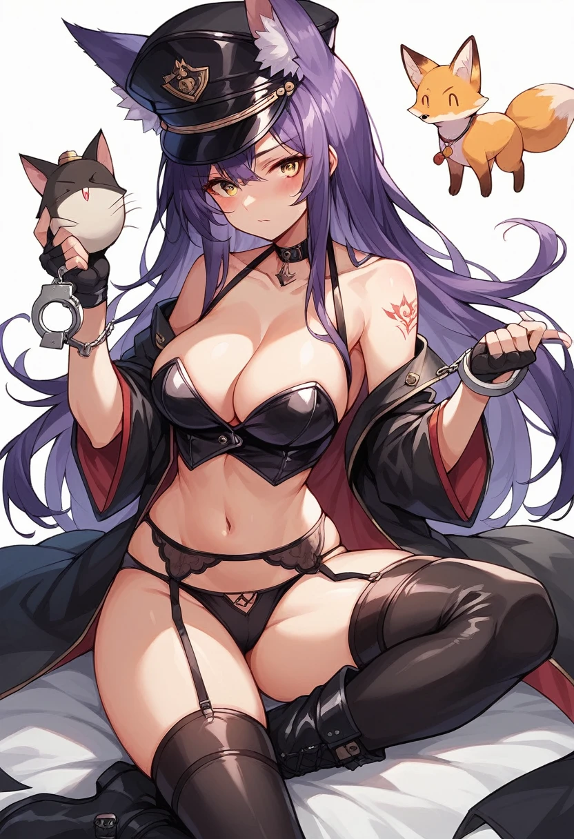 1girl, solo, long hair, breasts, looking at viewer, blush, black hair, thighhighs, gloves, hat, navel, holding, animal ears, cleavage, bare shoulders, underwear, yellow eyes, purple hair, boots, choker, black gloves, fingerless gloves, fox ears, black headwear, tattoo, fox girl, peaked cap, garter belt, cuffs, leather, handcuffs