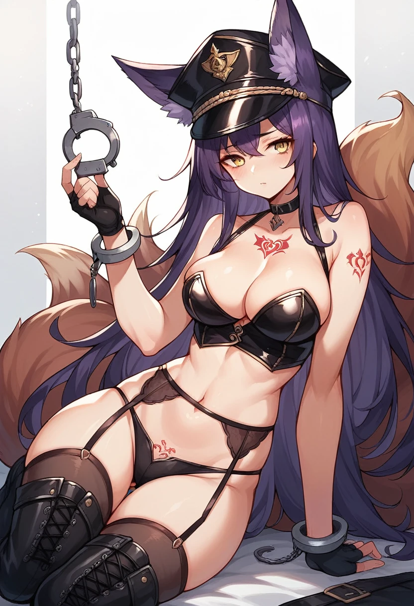 1girl, solo, long hair, breasts, looking at viewer, blush, black hair, thighhighs, gloves, hat, navel, holding, animal ears, cleavage, bare shoulders, underwear, yellow eyes, purple hair, boots, choker, black gloves, fingerless gloves, fox ears, black headwear, tattoo, fox girl, peaked cap, garter belt, cuffs, leather, handcuffs