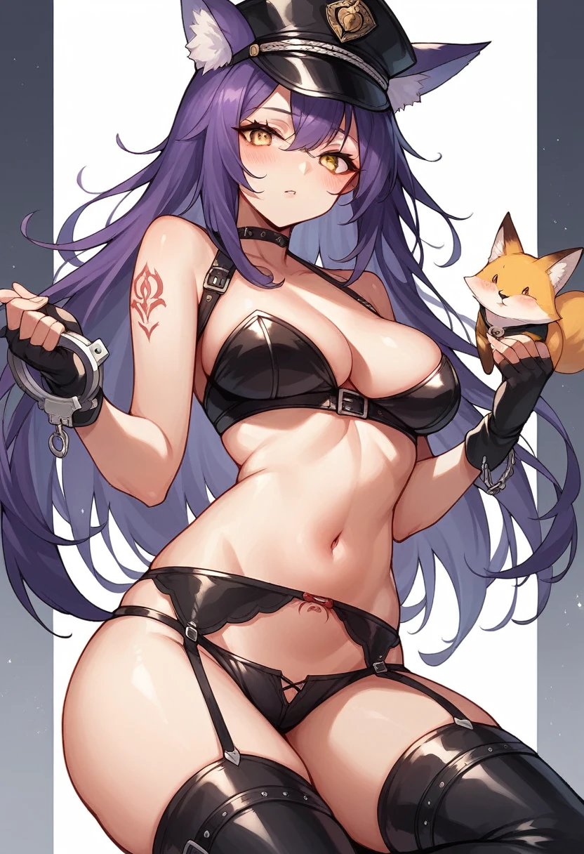 1girl, solo, long hair, breasts, looking at viewer, blush, black hair, thighhighs, gloves, hat, navel, holding, animal ears, cleavage, bare shoulders, underwear, yellow eyes, purple hair, boots, choker, black gloves, fingerless gloves, fox ears, black headwear, tattoo, fox girl, peaked cap, garter belt, cuffs, leather, handcuffs