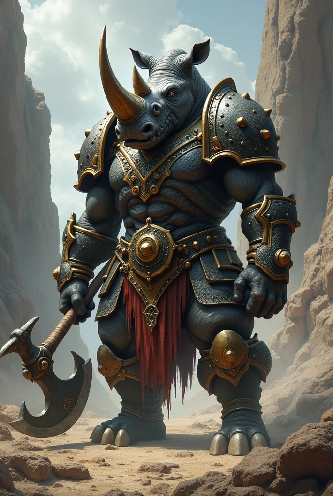 A female rhinoceros in armor with a pickaxe