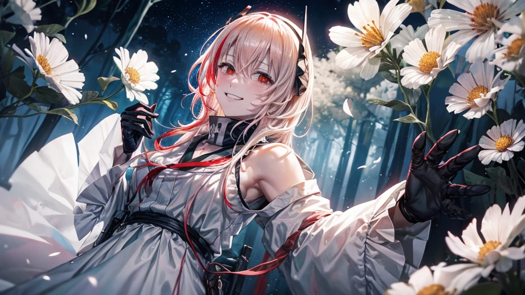 ((best qualityer)), ((work of art)), (detailed), Jujutsu Kaisen, Cursed Spirit, Grinning, wearing a white dress, is in a forest with white flowers, Partly cloudy.