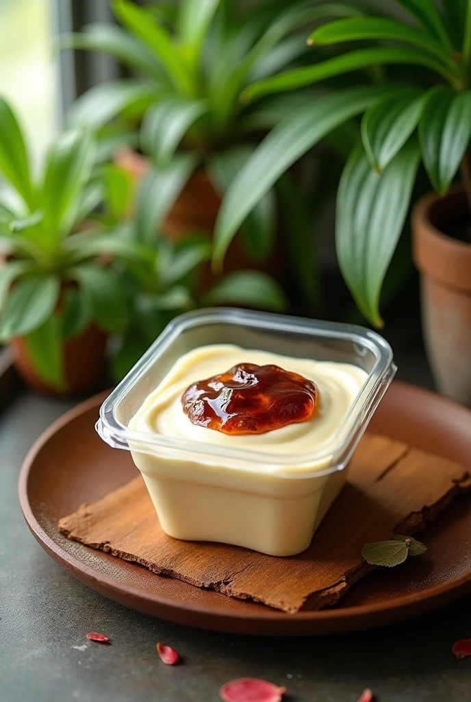 A mousse inside a square plastic pot with a green plant background, the mousse pot will be on top of a wooden tray