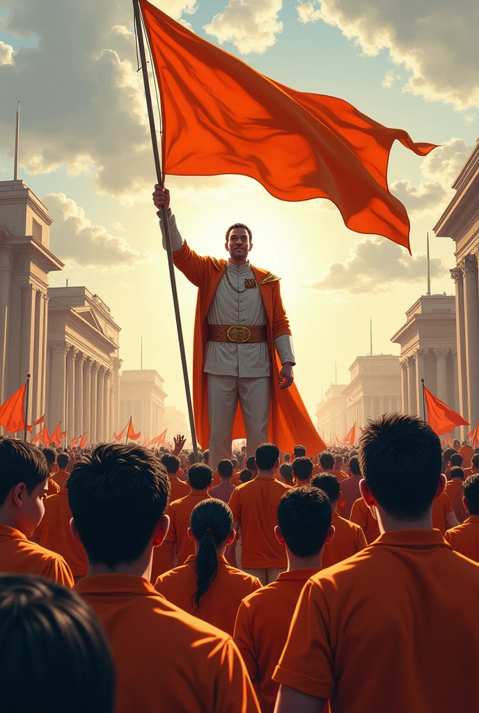 Drawing of a leader with a flag in the middle of a crowd of people wearing an orange shirt 