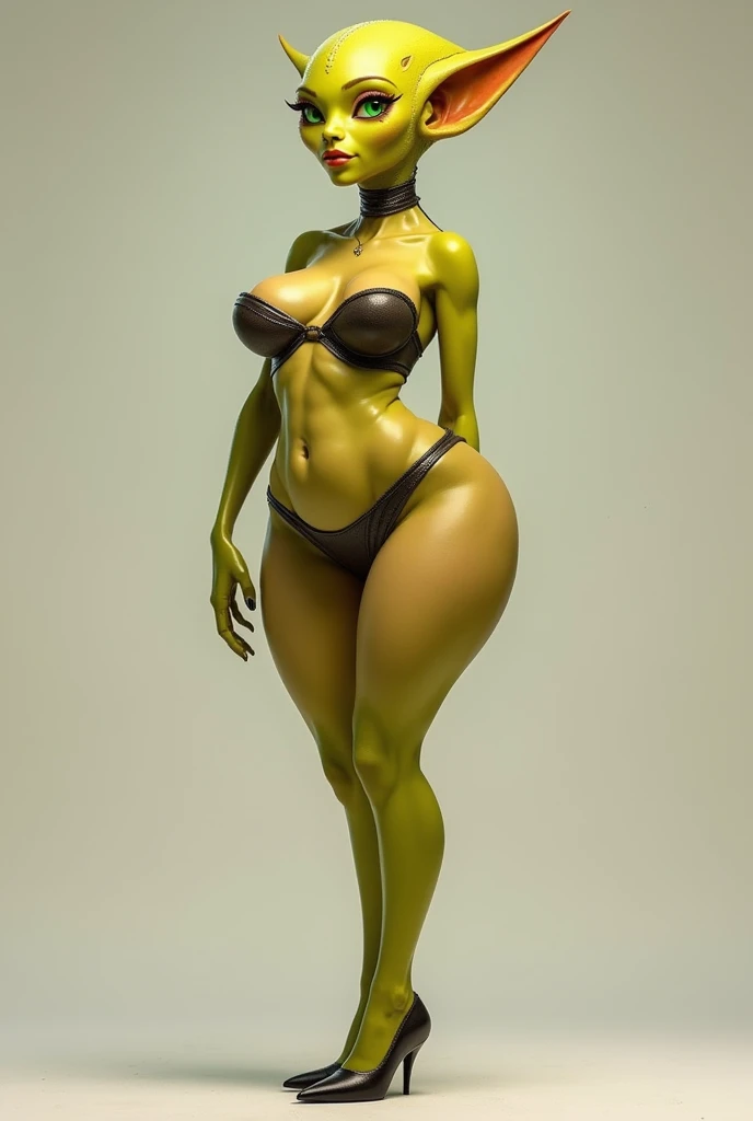 A full body image of an attractive alien, sexy, with thick thighs, very big butt,  yellow skin, pointy ears, green eyes, with big breasts, wearing a very short dress, almost naked and wearing heels