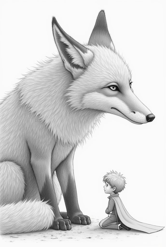 Can you create an image for me where the little prince is kneeling on the moon looking the fox in the eyes as a drawing and make the fox with a challenging look and make them so big that you can almost see just their faces but make them the same size, do it in pencil, make the little prince with the cape and everything and make the fox small and the little prince bigger than the fox


