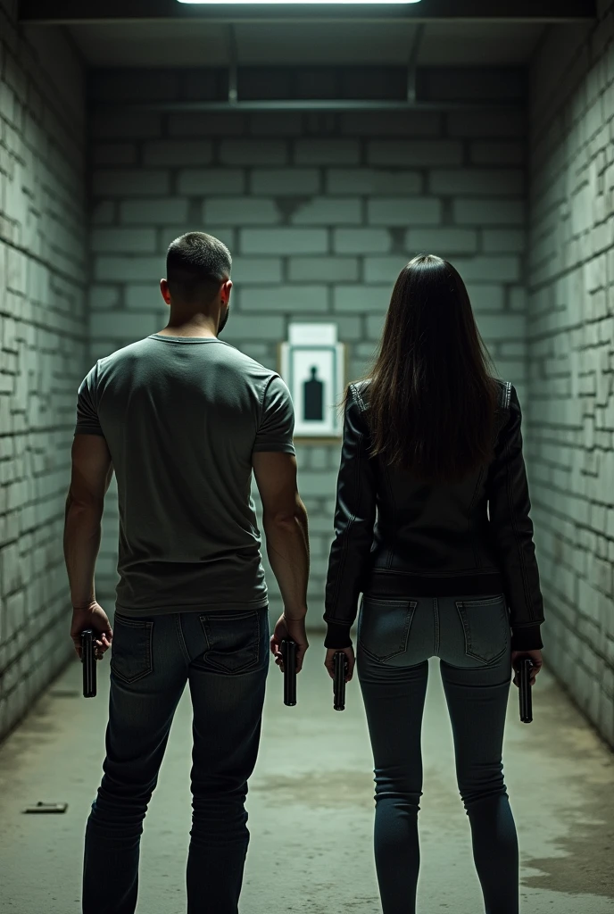 Large, poorly lit shooting range, with gray brick walls, with several distant targets ahead. There are 2 people side by side, a strong man in a gray t-shirt, jeans and a thin woman with long black hair in a black jacket and jeans, both carrying pistols and pointing the weapons at the targets.