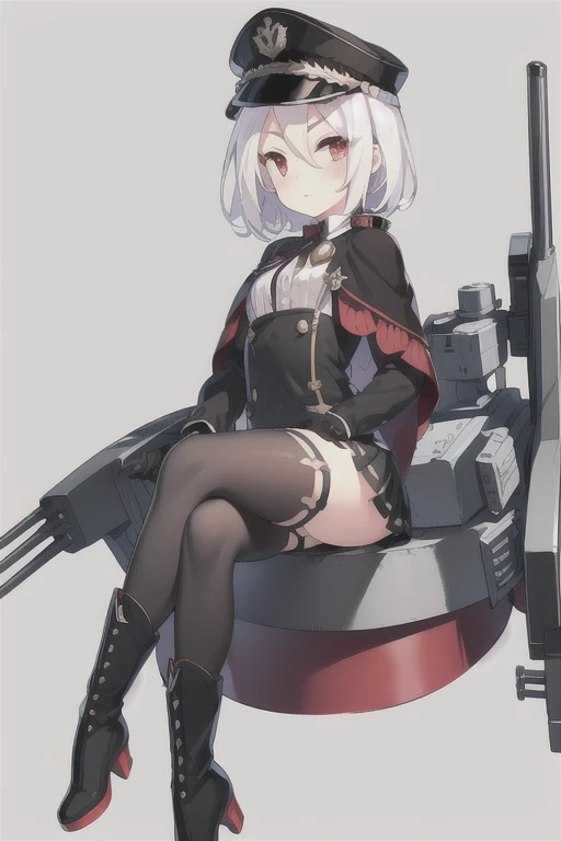 Vittorio_Veneto \(warship girls r\),((masterpiece)),(((best quality))),((ultra-detailed)),((illustration)),((disheveled hair)),((frills)),(1 girl),(solo),1girl,aiguillette,bangs,black footwear,black gloves,black headwear,black skirt,blush,boots,cannon,cape,collared shirt,dress shirt,full body,gloves,gradient,hat,holding,iron cross,jacket,short hair,long sleeves,looking at viewer,machinery,open mouth,peaked cap,red eyes,shirt,shoes,skirt,smile,solo,suspenders,turret,white hair,white shirt,