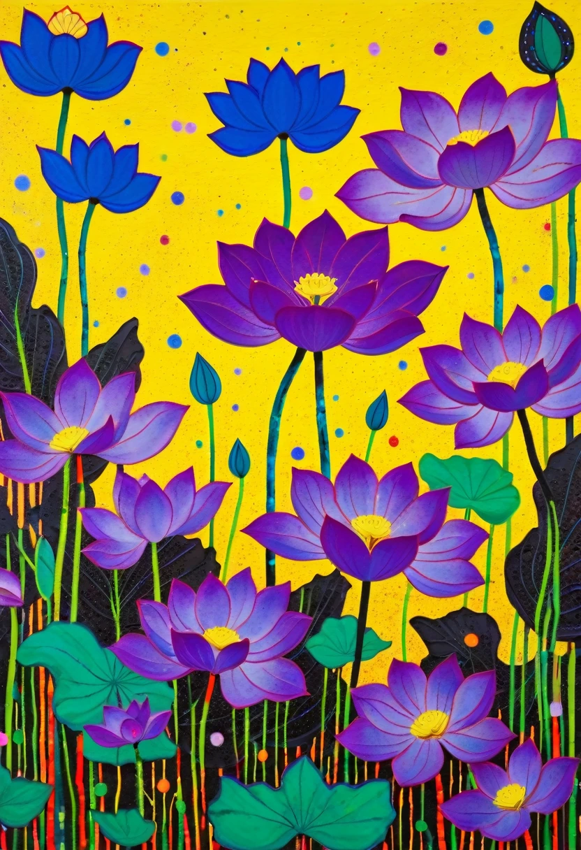 A painting，Inspired by Yayoi Kusama：(((Colorful black，Chalk painting，Oil stick painting，Volume，Thick coating，Uneven texture，Plaster texture，Graffiti，Dot)))。Colorful black，((（Upward shot of lotus leaves）)), Cloisonné enamel，Cloisonne，Bright colors, Purple和, cute的, Bright colors，cute, Lavender Color and Color Schemes, 和Purple的配色方案,  Beautiful Art,  Purple, Whimsical Art, 和Purple色调, Lime and Violet, Close together,, spring, Inspired by Tomokazu Matsuyama, Delightful
