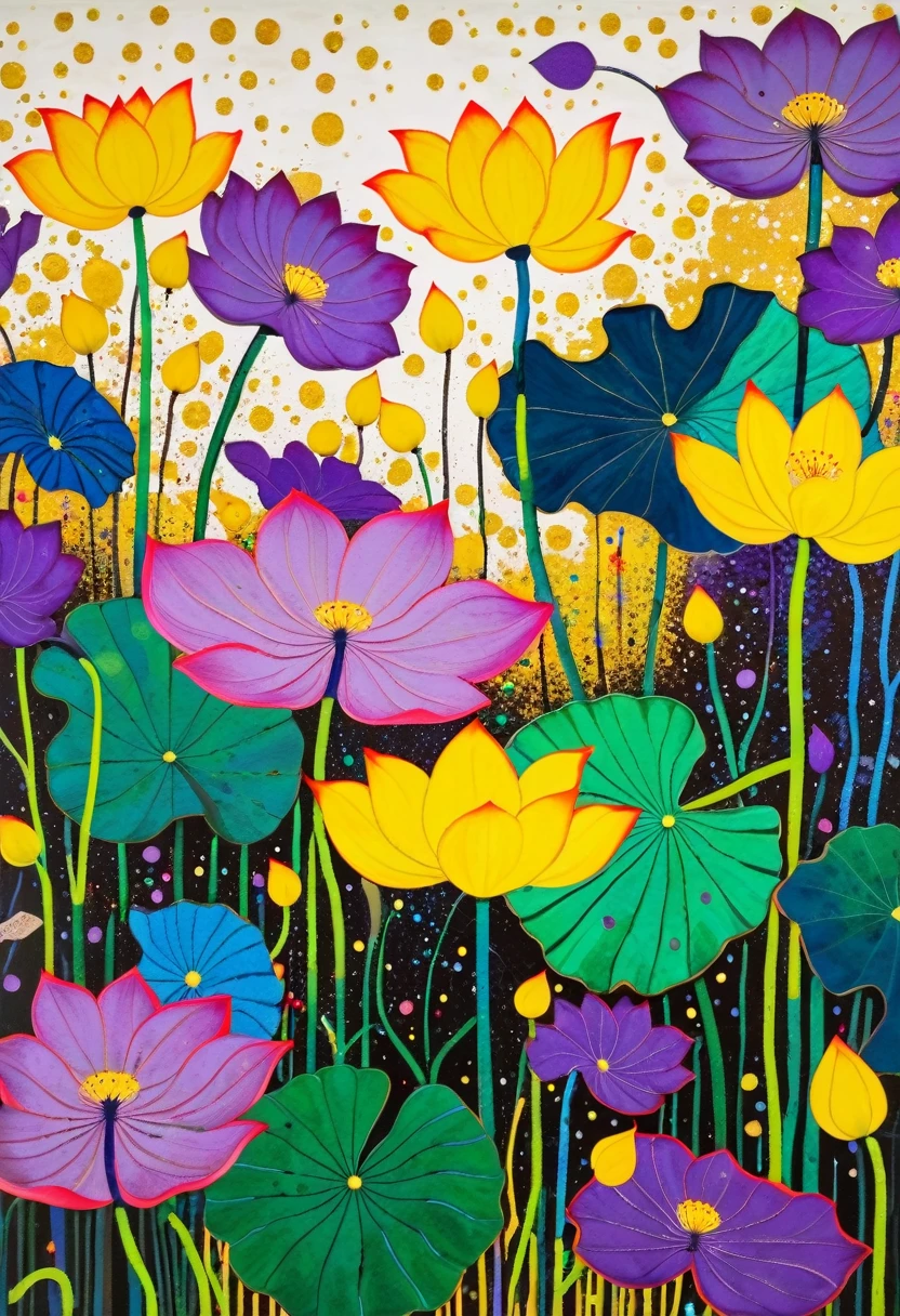 A painting,Inspired by Yayoi Kusama:(((Colorful black,Chalk painting,Oil stick painting,Volume,Thick coating,Uneven texture,Plaster texture,Graffiti,Dot)))。Colorful black,(((Upward shot of lotus leaves))), Cloisonné enamel,Cloisonne,Bright colors, Purple和, cute的, Bright colors,cute, Lavender Color and Color Schemes, 和Purple的配色方案, Beautiful Art, Purple, Whimsical Art, 和Purple色调, Lime and Violet, Close together,, spring, Inspired by Tomokazu Matsuyama, Delightful