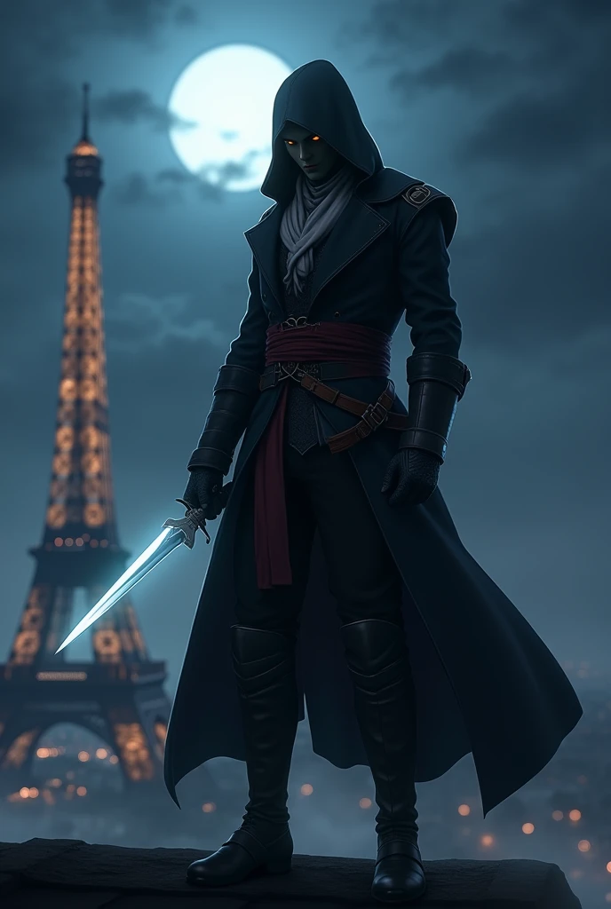 Create an anime-style night scene featuring a 1.81-meter tall male assassin in France during the 1830s. The scene is bathed in the soft glow of a full moon, with the Eiffel Tower standing majestically in the background, partly obscured by a layer of mist. The assassin is perched on the edge of a rooftop, his figure outlined sharply against the night sky. He wears dark, period-appropriate clothing, including a flowing black hooded cloak that partially hides his face, with only his intense, glowing eyes visible in classic anime fashion. His outfit should feature intricate details, like leather straps, buckles, and a high-collared coat, with textures that evoke the era. In his gloved hand, he holds a gleaming dagger, its blade reflecting the moonlight with a magical sheen. The overall atmosphere should be tense and mysterious, with dynamic anime-style lighting and shadows that emphasize the assassin's stealth, agility, and readiness for action.