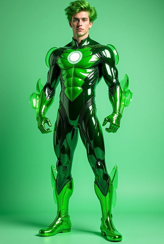 full full body photorealistic handsome hunky fractal masculine Teen titans green haired elemental boy.. wearing green emerald transparent crystal chrome glass super suit , look at camera, detailed face parts,, studio as background, Freestyle Pose, Happy Expression, perfect anatomy, symmetric body,, 18 years old, :: high detail, a lean athletic body, realistic, human skin, extremely detailed fingers, chad chin,, masculine, human skin, (eyes contact), gorgeous, Attractive. super bulges in action