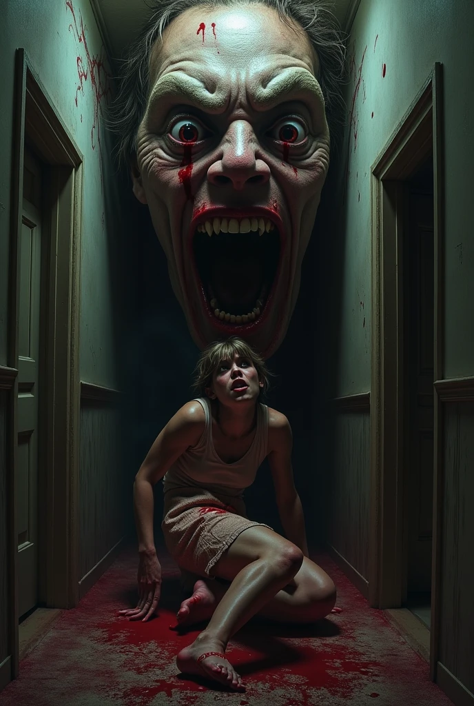 A terrified woman being eaten by a bloody face coming out of the walls in a house, nightmare