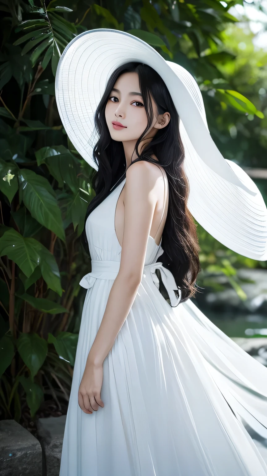 "Depict 'Hachishaku-sama,' the Eight Feet Tall spirit from Japanese folklore, transformed into the ultimate beautiful girl while retaining her iconic features. Standing at her imposing 240cm height, she exudes both elegance and an eerie presence. She wears a flowing white dress that drapes gracefully over her tall, slender figure, accentuating her ethereal beauty. A large white hat sits atop her head, partially concealing her face, but revealing her glowing, captivating eyes that hint at a mysterious and otherworldly nature. Her long, jet-black hair cascades down her back in soft, luxurious waves, adding to her enchanting allure. Her delicate features are flawlessly smooth, with a slight smile that is both inviting and unsettling. The air around her seems to still in her presence, creating an atmosphere of quiet intensity. Despite the supernatural aura that surrounds her, she radiates an undeniable charm, making her the ultimate embodiment of a mesmerizing and enigmatic beauty."