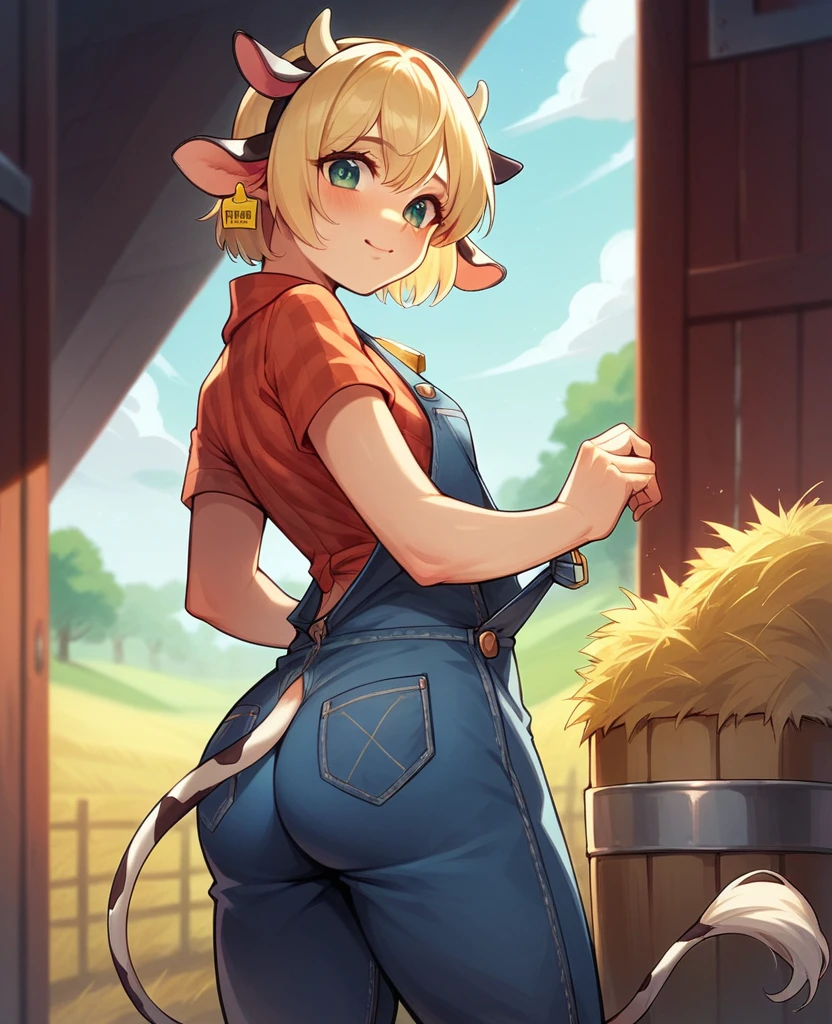  dutch blonde farmer girl at a barn, next to a cow, wearing overalls and a checkered blouse, small breasts, small ass,  transforming into a hucow, cow ears, tail, bovine dna