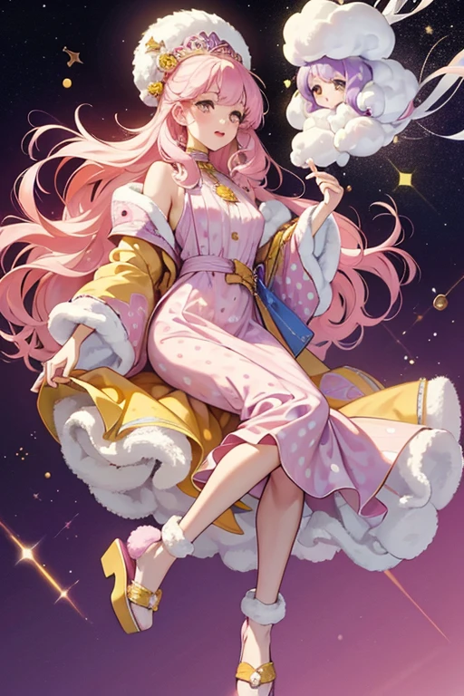 This Bubbleisha has the same skin and eyes and her lipstick is pale pink. Her hair is much lighter, done in several rolled curls to match her bangs and forelocks. She has yellow shampoo bubbles all over her head. She is wearing a short purple robe with a fluffy pink lining, pale pink polka dots, and a yellow ribbon wrapped around the midsection. She is also wearing pink fluffy slippers. SPARKLE; GLITTER