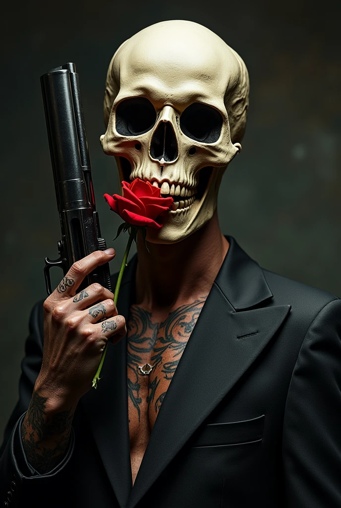 Skull with gun and rose cholo thug drug dealer elegant gentleman evil psychopath power ambition lost soul madness