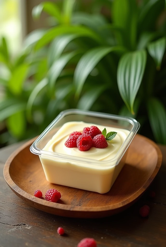 A mousse inside a square plastic pot with a green plant background, the mousse pot will be on top of a wooden tray