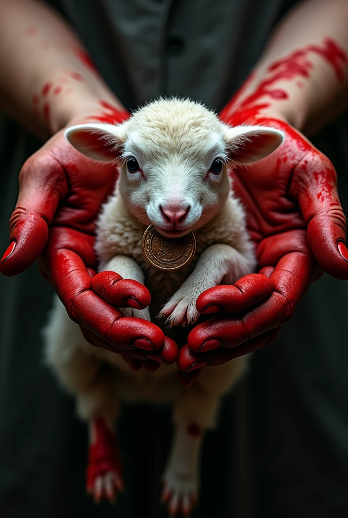 Hands dirty with red paint holding a lamb with a coin in its mouth