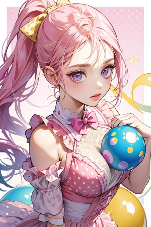 Bubbleisha has pale pink eye-shadow to match her eyes and pink lipstick. Her pale pink hair is worn up in a large swirling ponytail with a thick streak of hot pink. Her bangs are swept to the right and frame her face with a streak of hot pink in the middle. She wears a hot pink headband with purple and blue gumballs, a big yellow bow with a purple gumball machine, and two hot pink polka-dot gumballs. She wears a purple top with a hot pink polka-dot gumball border and design, a hot pink skirt covered in a pattern of colorful dots and white frill trim, white tights, and light pink heels with blue gumballs and a yellow bow attached to a single gumball. SPARKLE; GLITTER