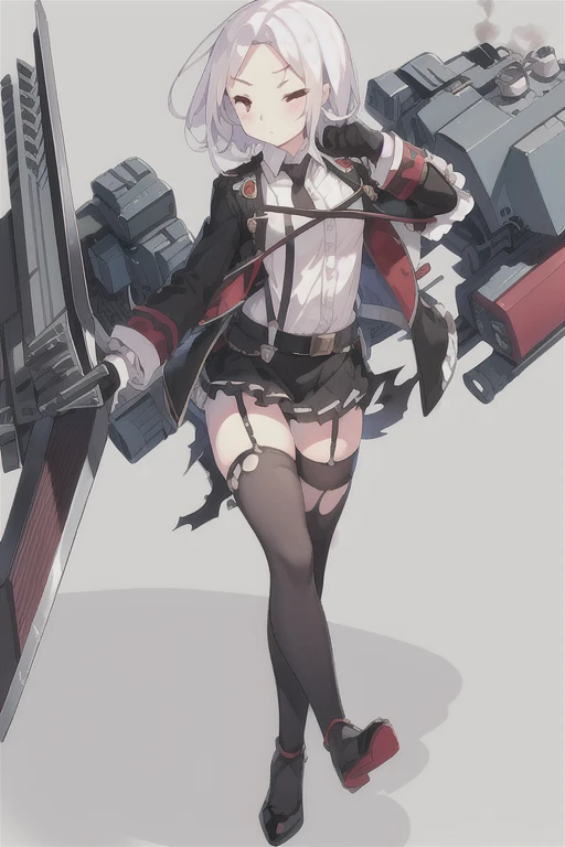 Vittorio_Veneto \(warship girls r\),((masterpiece)),(((best quality))),((ultra-detailed)),((illustration)),((disheveled hair)),((frills)),(1 girl),(solo),1girl, belt, belt buckle, black gloves, black legwear, black skirt, blush, cannon, damaged, gloves, jacket, short hair, long sleeves, looking at viewer, machinery, miniskirt, one eye closed, red eyes, rigging, shirt, shoes, skirt, smoke, solo, suspenders, thighhighs, torn clothes, torn legwear, torn shirt, turret, underwear, white hair