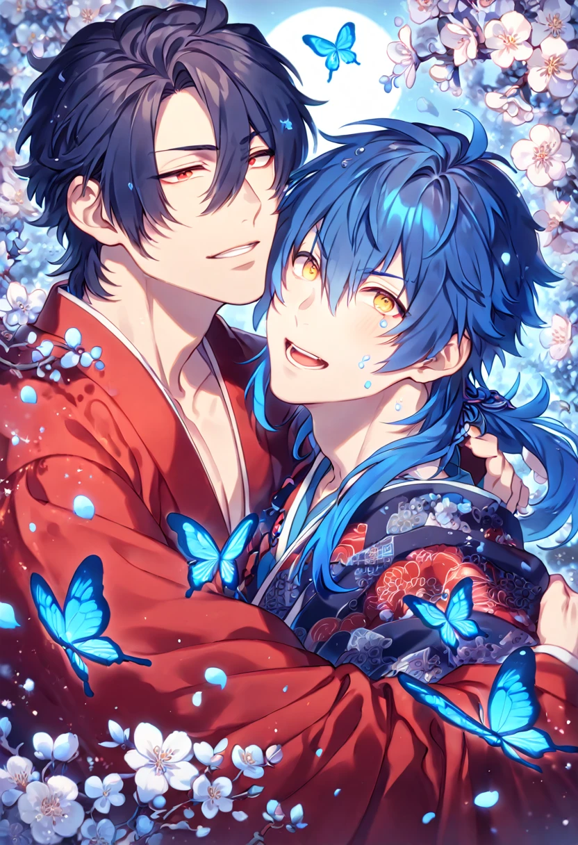 absurdres, highres, ultra detailed, HDR, master piece, best quality, extremely detailed, Koujaku, dark navy hair that is short and a little chopped at the top, has a thick fringe over the right side of his face and keeps the rest tied, expressive red eyes, Dramatical Murder, Seragaki Aoba, blue hair, expressive yellow eyes, two sexy men together, yaoi, gay couple, handsome, manly man, red kimono with patterns, fantasy, magical, blue moon, blue flowers, blue butterflies, blue petals, blossoms, water