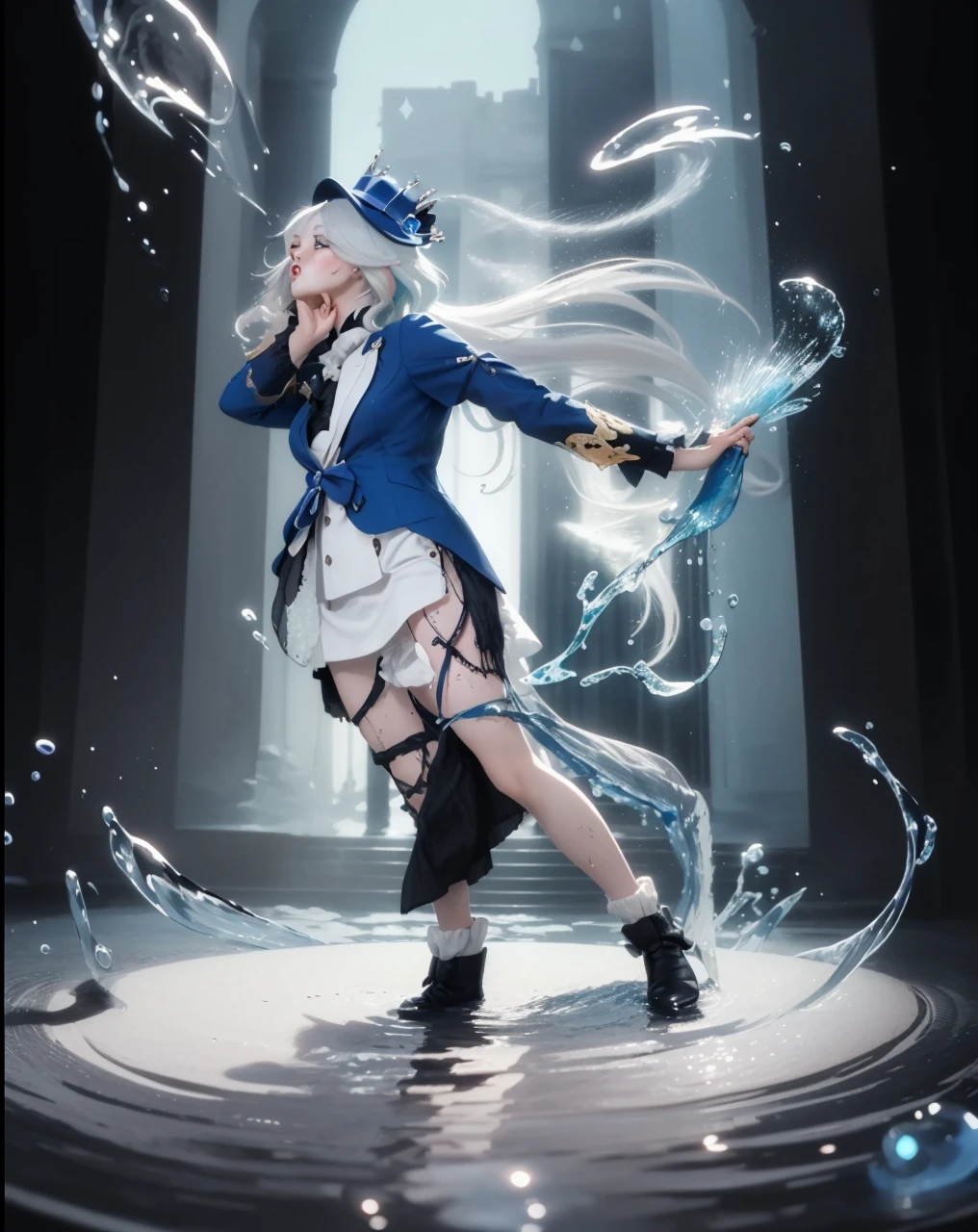 ( FURINA_GENSHIN IMPACT),((realistic, photorealistic)),(highlight hair)), Light reflection, (( HD )),((upper body)), (((best quality, masterpiece))), (masterpiece) (best quality) (detail) (8k) (HDR) (wallpaper) (cinematic lighting) (sharp focuasterpiece, best quality: 1.1), Real life adaption of this character, realistic outfit, realistic shadow, realistic light, realism, hyper realistic, realistic background,realistic hair,(photorealistic:1.2), (masterpiece: 1.2), (best quality: 1.3), (clear details: 1.3), ((((ultra-detailed)))), ((detailed eyes)), (extremely detailed face:1.4), (highly detailed eyelash:1.6), Ada_re4, (sitting),(beautiful face:1.5), (Masterpiece, Top Quality: 1.2), masterpiece, best quality, highrens, 4k resolution, minimalism, 1 girl,solo, , Furina, blue style, nature, cute eyes, ornament hair, white hair, blue dress, hat, blushing, hands up, Water reflection, spotlight, water element stick, floating water, splash water, Long white hair floating, glow effect,Head position looking up,