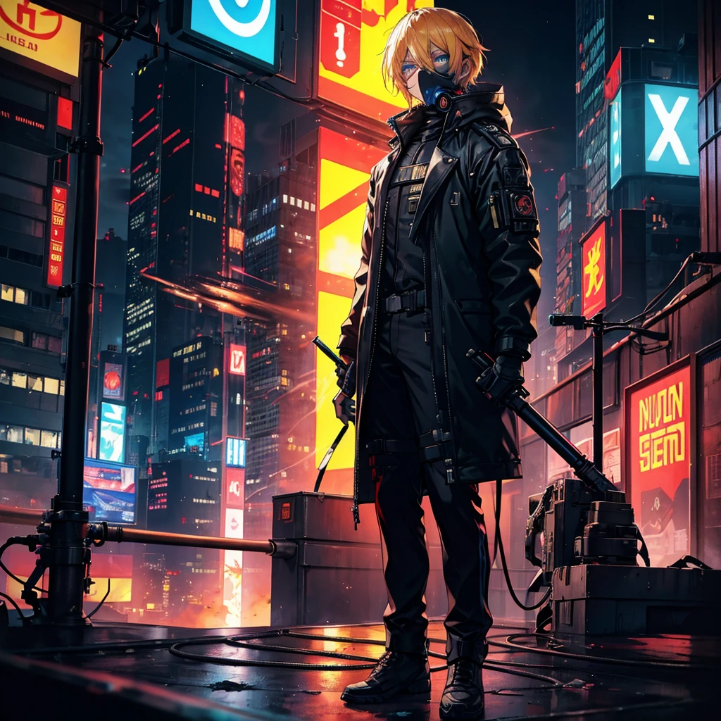 1 male,Adult,blue eyes,gas mask,Golden hair color,Cyberpunk clothing,night,Neon City,Stand on a rooftop with a rocket launcher and enjoy the view,Calm expression,Muscular,tattoo