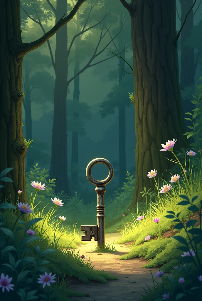 A relaxed illustration of nature surrounded by trees and a key stuck in the ground.
