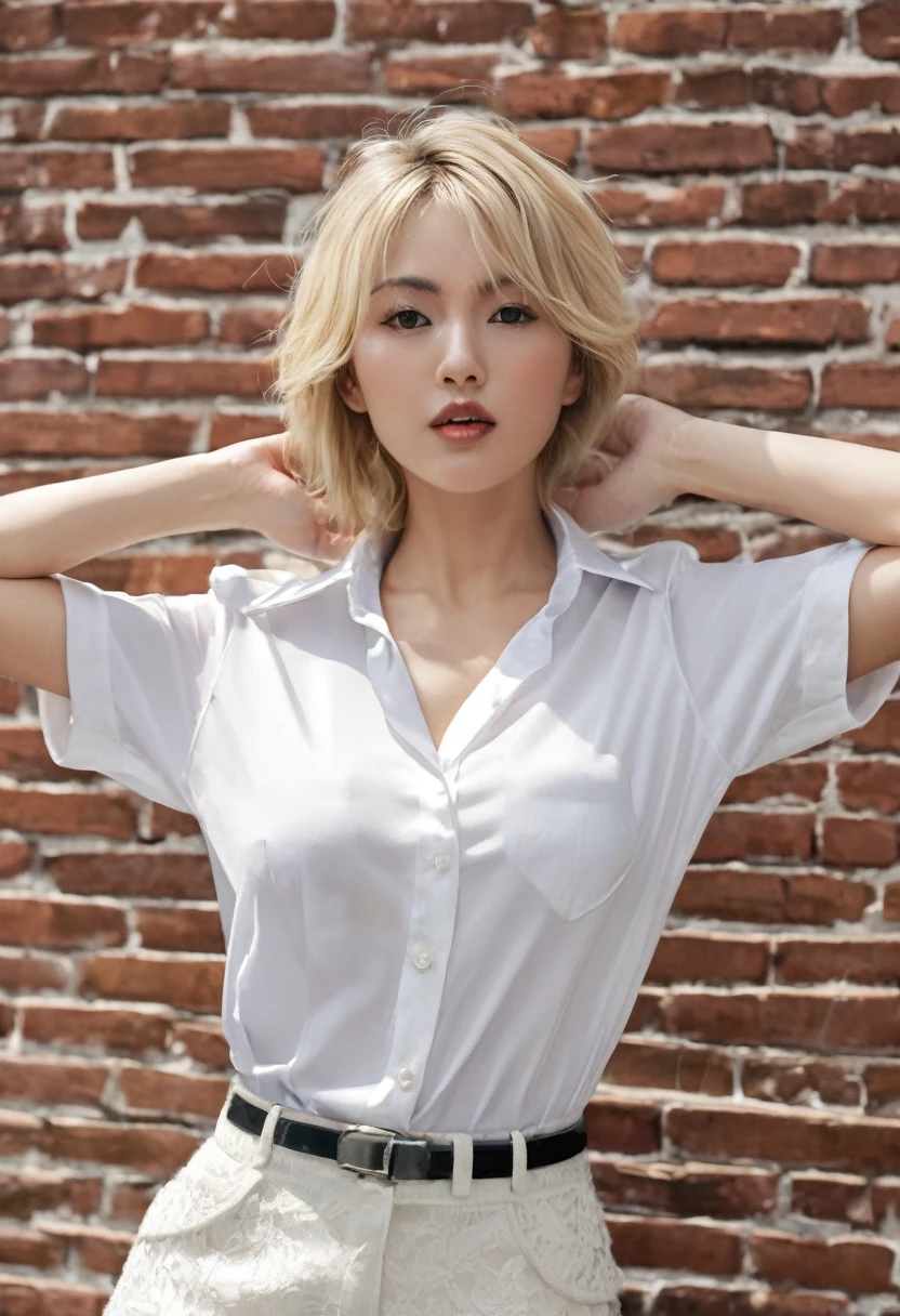 A beautiful girl, blond hair, medium hair, gray eyes, (huge breasts:1.6), Great abs.
//facial expression, (very embarrassed face:1.2), (open mouths:1.1), (half open eyes:1.2),
//posture, standing, (cover breasts with hands:1.6),
//fashion, white-collar shirt, Unbuttoned White-collar shirt with all buttons undone, black_lace bra,
//fetish,
//background, daytime, High brick walls,
//quality, Realistic photograph, (best quality:1.5), (hyper-realistic:1.2), (high resolution:1.5), (Cinematic Lighting:1.2), upper body shot, RAW photo, (4k. 8k precision image), detailed textures, sharp focus,ultra-detailed,