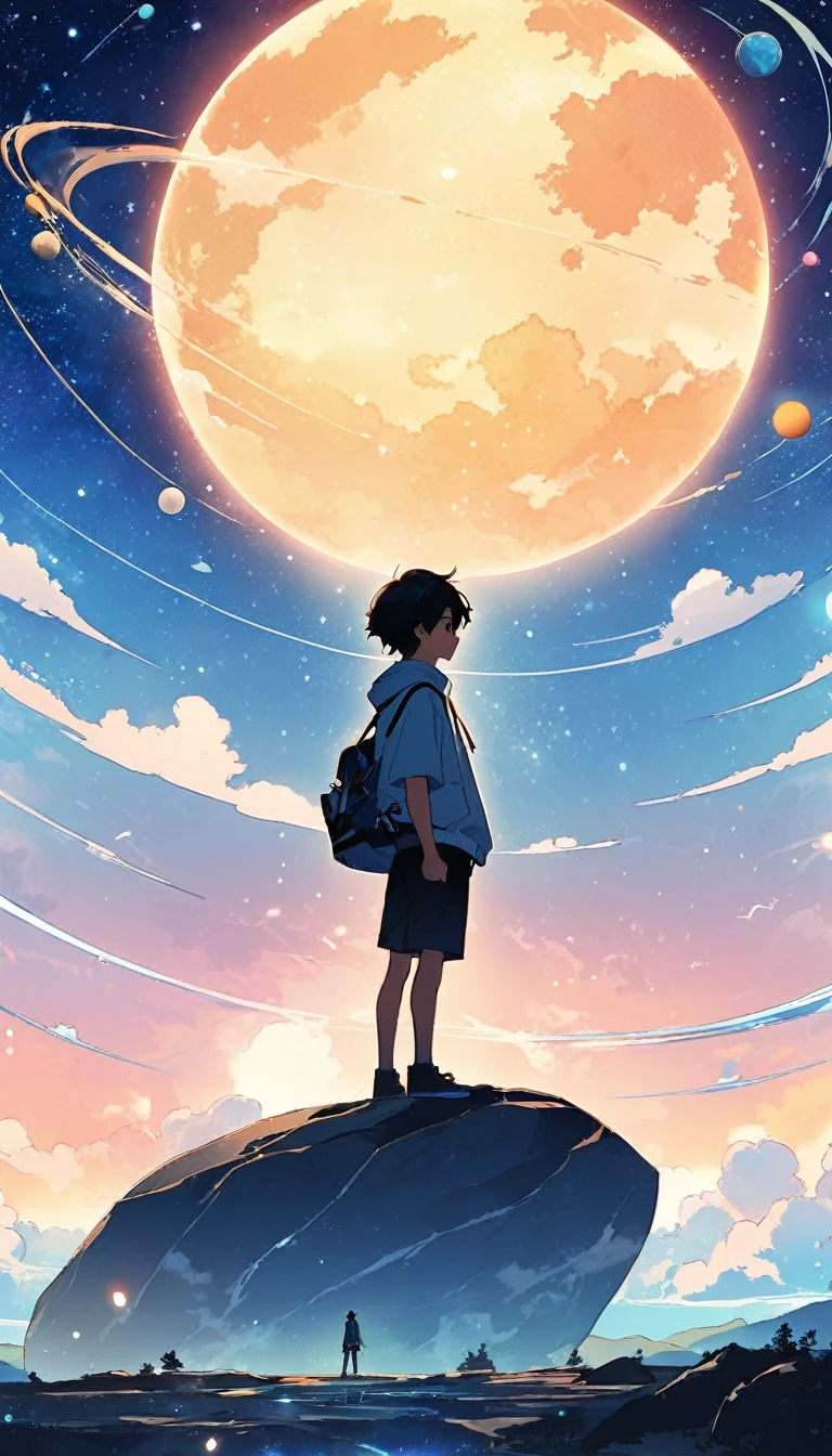 anime boy standing on a rock looking at a large circular object, makoto shinkai cyril rolando, anime clouds, anime sky, makoto shinkai. —h 2160, cosmic skies. by makoto shinkai, heaven planet in background, today's featured anime still, anime art wallpaper 8 k, makoto shinkai and bioware
