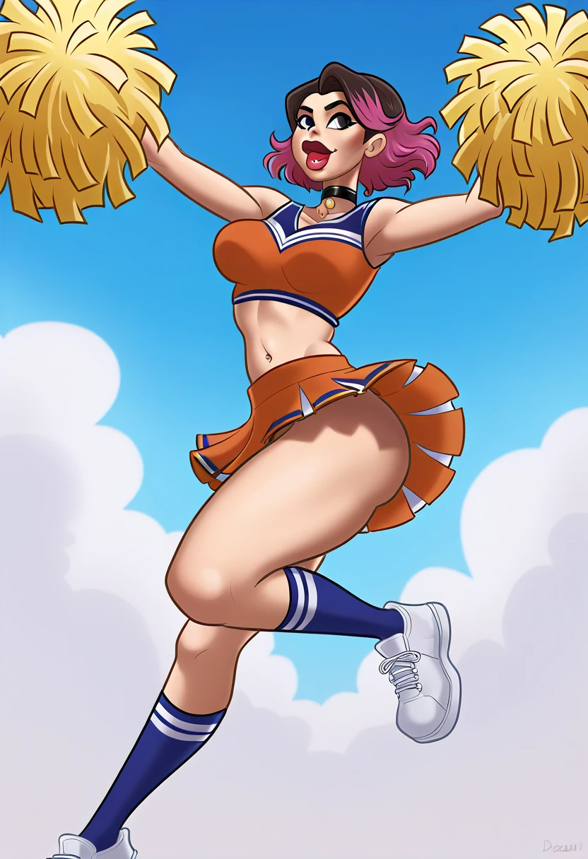 score_9, score_8_up, score_7_up, BREAK,  gwentd, two-tone hair, lipstick, choker, cheerleader, skirt, pom pom \(cheerleading\), jumping,