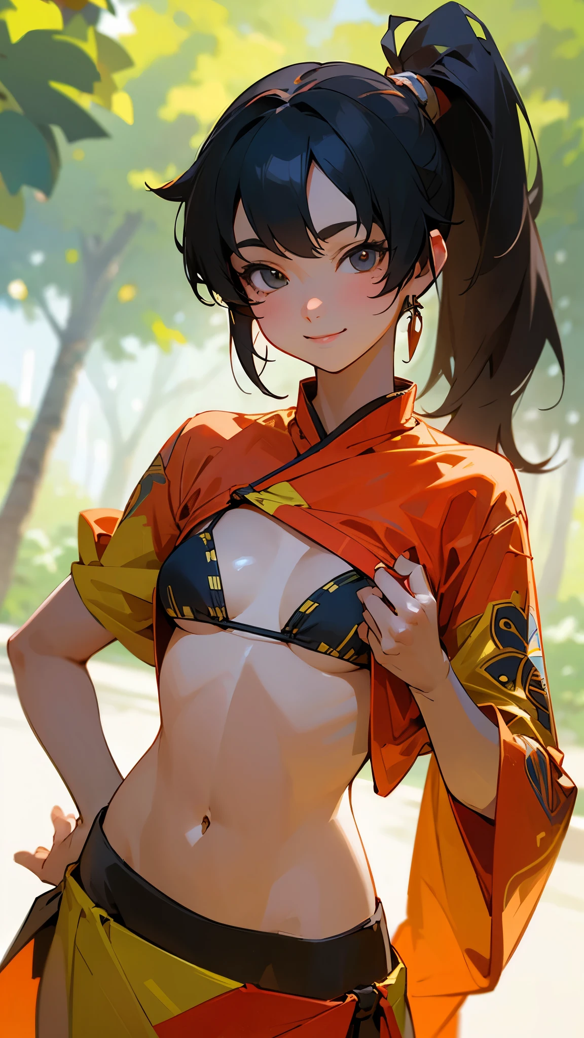 1 person、Sharp focus、(Bokeh) (Highest quality) (Detailed skin:1.3) (Intricate details) (anime)、Black Hair、Side Ponytail、18-year-old、(Keep your hands on your hips)、chest、Slim figure、bikini、A pareo skirt with bold ethnic patterns and plenty of primary colors、Realistic Skin、Glowing Skin, Sunburned skin、Cowboy Shot、Side body、smile、smile、Park in the background、Soft lighting