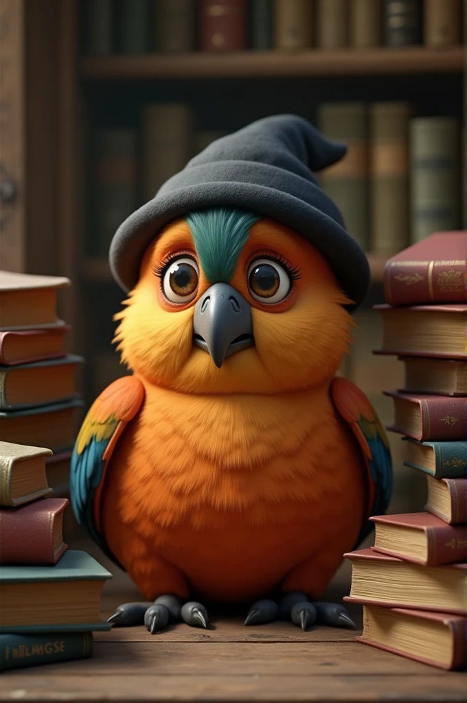 Photograph of a fat brown parrot with a black cap. Sitting in front of books. He is chatting with friends. He has a mole under his right eye. Chubby and chatty parrot. Details on the feathers. Big black cap. Realistic details. Chubby cheeks.