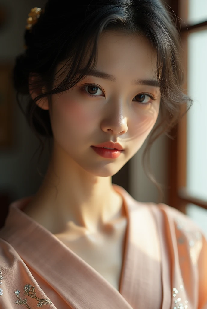 An elegantly dressed Japanese woman in natural light、A close-up of her chest and calm expression.、It shows her inner peace and outer charm.。