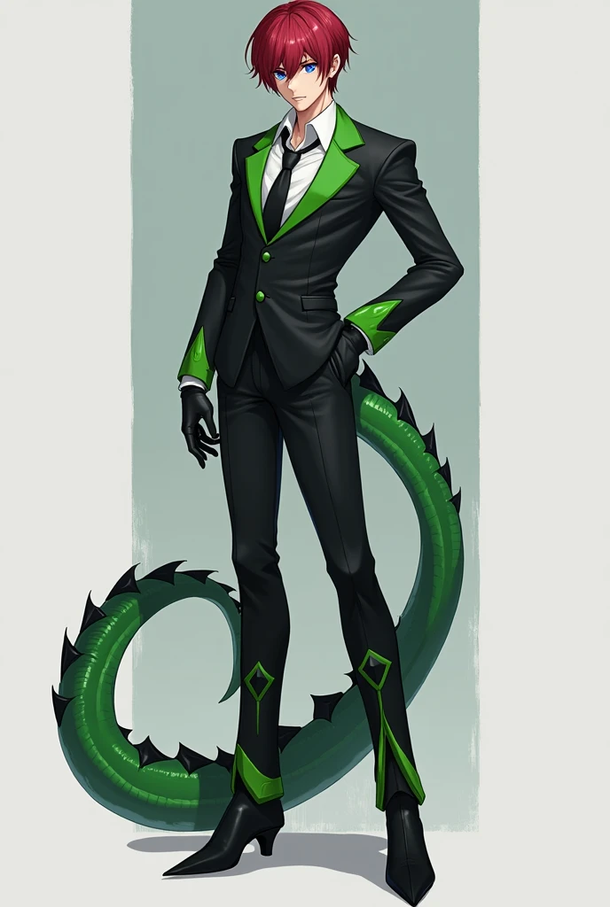  a male character with short, deep red hair, with bangs falling over her forehead. Her eyes are large and bright blue.. He wears a black suit with bright green details., including gloves and boots. besides, It has a draconic or reptilian looking tail., Green with black details.