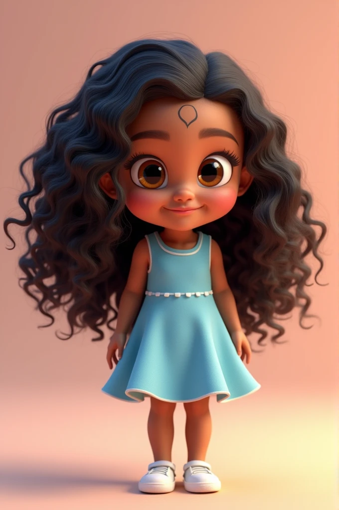 ((best quality)), ((masterpiece)), (detailed), perfect face . Create a 3D poster in the style of Disney PIXAR. girl: Valentina approximately 5 years old, long curly black hair Disney style, brown eyes and smiles. dress light blue color, white shoe, (all this in the style Disney PIXAR 3D, cartoon design style, POP market, soft lighting, smooth lines, spring tilt, detailed illustrations of PIXAR 3D, hyper-realistic details, warm color in Disney PIXAR 3D style)